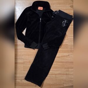 Juicy Couture Y2K Black/Silver Velour 2pc Tracksuit Flared Sweatpants Size Small